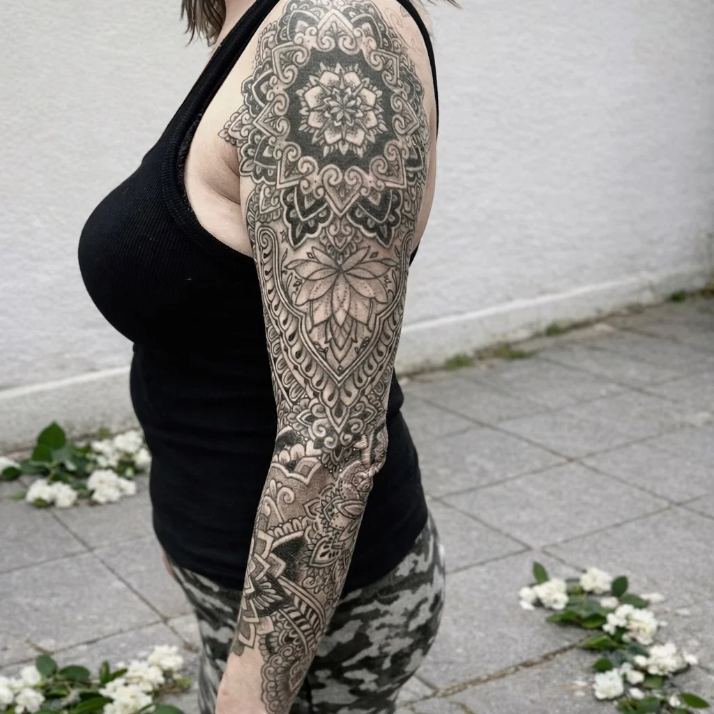 Black and grey tattoo by Trish at Lotus Tattoo